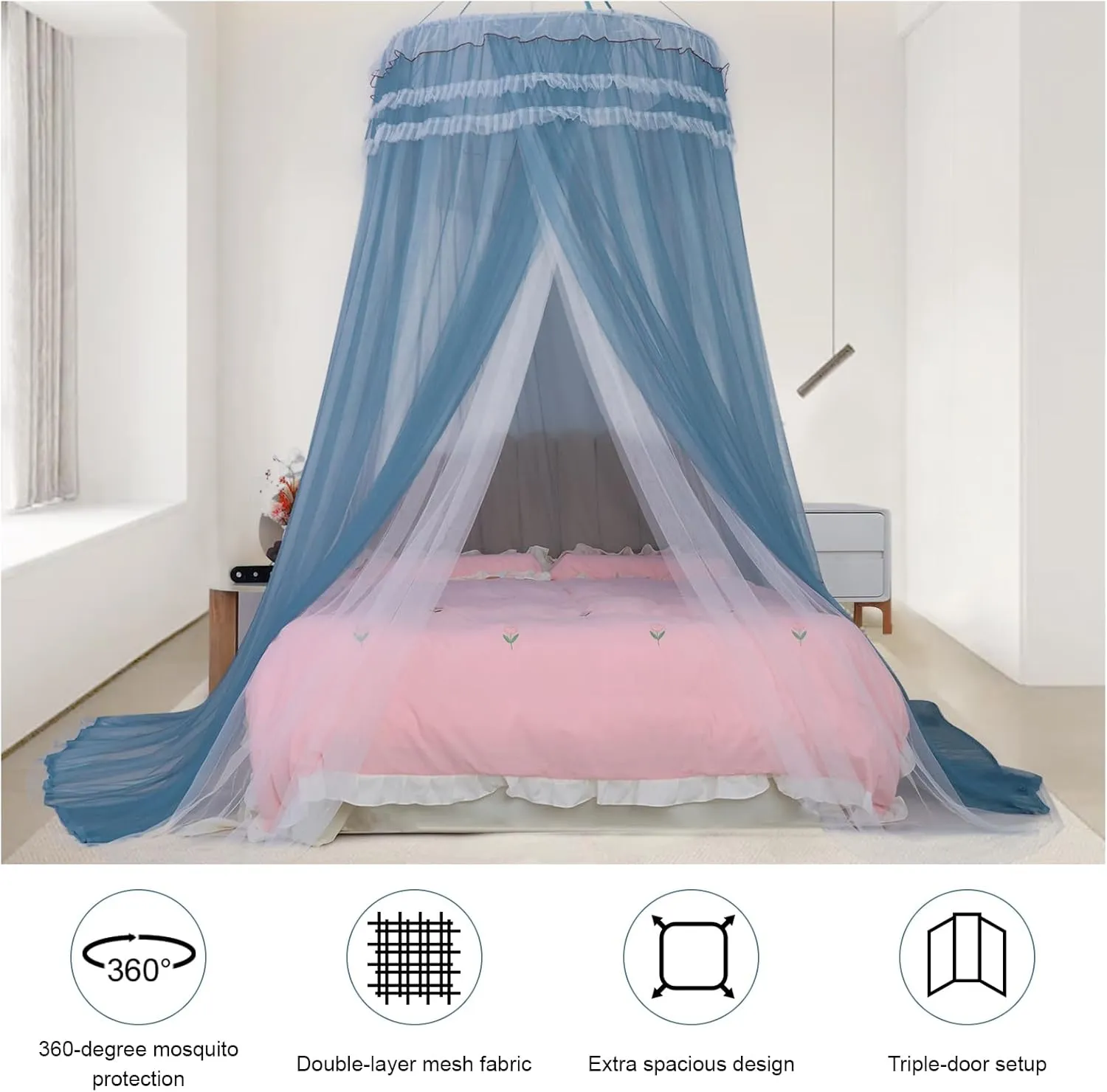 Lanpet Dreamy Princess Bed Canopy for Girls, Double Layer Sheer Mesh Canopy Curtain, Canopies Netting Room Decor Tent Mosquito Net for Kids & Adults Queen King Bed,Pink