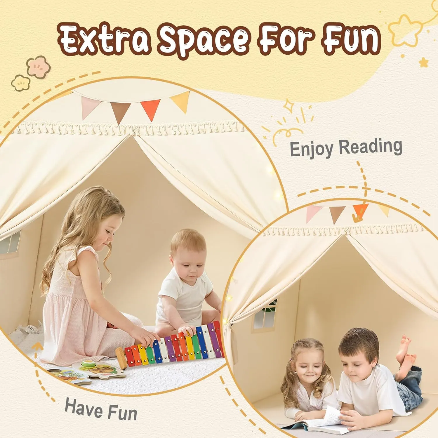 Large Toddlers Bed Tent Canopy: with Lights and Flags for Girls and Boys House Gifts - Monobeach Kids Play Tent Indoor Princess Toys - Portable and Foldable Children Playhouse Outdoor