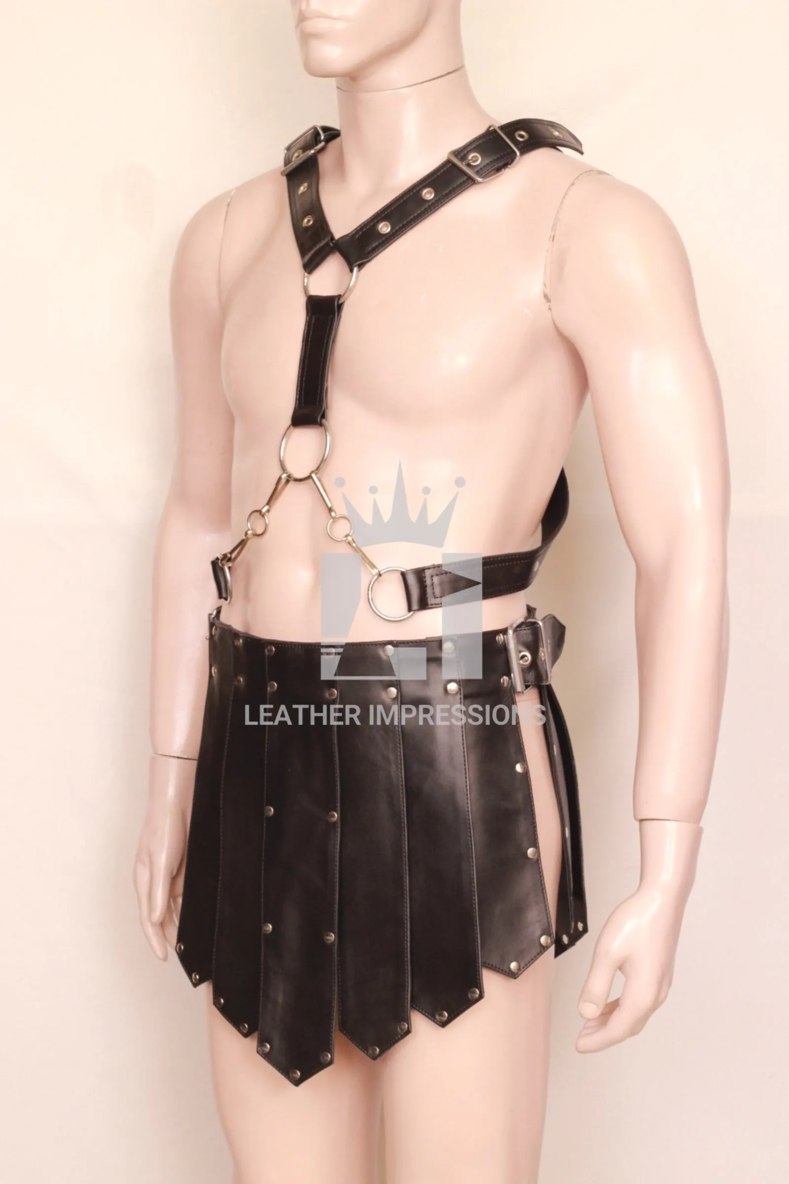 Leather Bulldog BDSM Body Harness with Leather Kilt