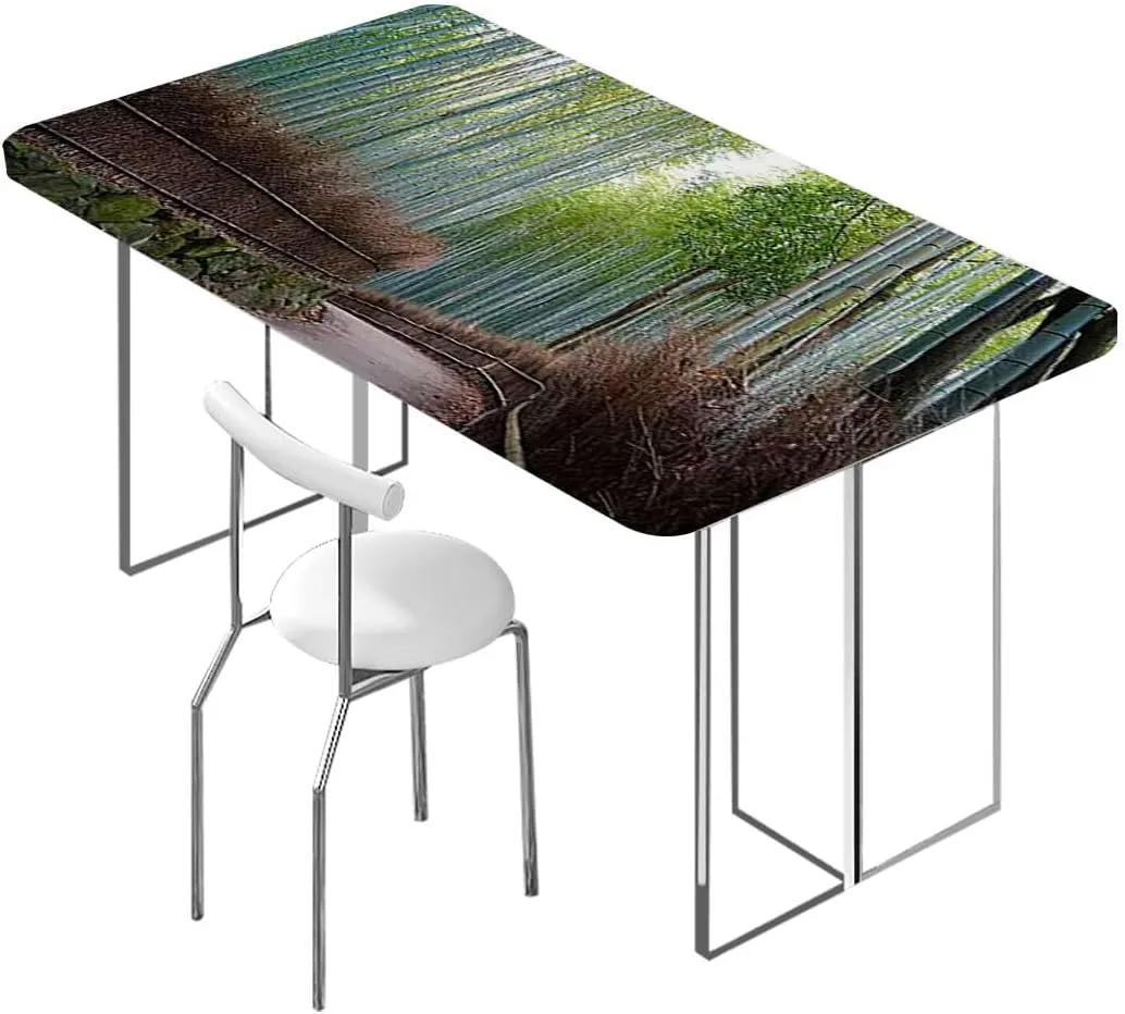 Light Green Elastic Fitted Tablecloths, View of Historic Landscape Park Protector with Elastic for Rectangle Picnic Tables, Washable Bamboo Forest Fits up 4 Foot Tables