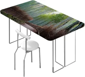 Light Green Elastic Fitted Tablecloths, View of Historic Landscape Park Protector with Elastic for Rectangle Picnic Tables, Washable Bamboo Forest Fits up 4 Foot Tables
