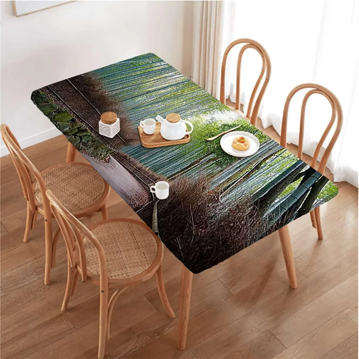 Light Green Elastic Fitted Tablecloths, View of Historic Landscape Park Protector with Elastic for Rectangle Picnic Tables, Washable Bamboo Forest Fits up 4 Foot Tables