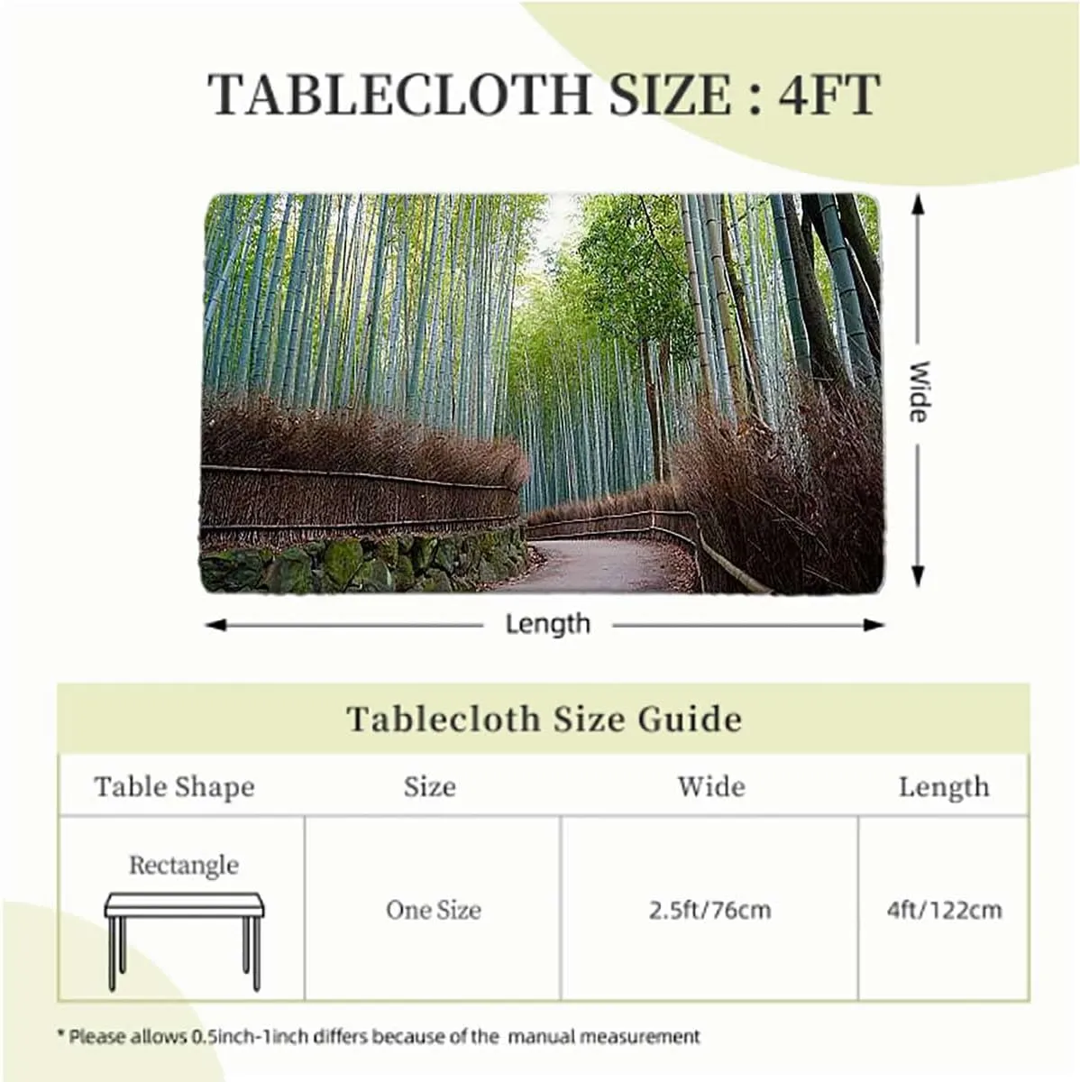 Light Green Elastic Fitted Tablecloths, View of Historic Landscape Park Protector with Elastic for Rectangle Picnic Tables, Washable Bamboo Forest Fits up 4 Foot Tables