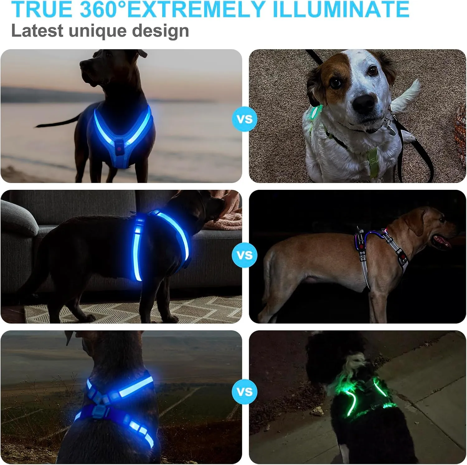 Light Up Dog Harness - LED Dog Harness Rechargeable, No Choke Illuminated Glow Dark Harness Vest Waterproof for Medium Large XL Dogs for Camping Night Safety Walking-Blue,M