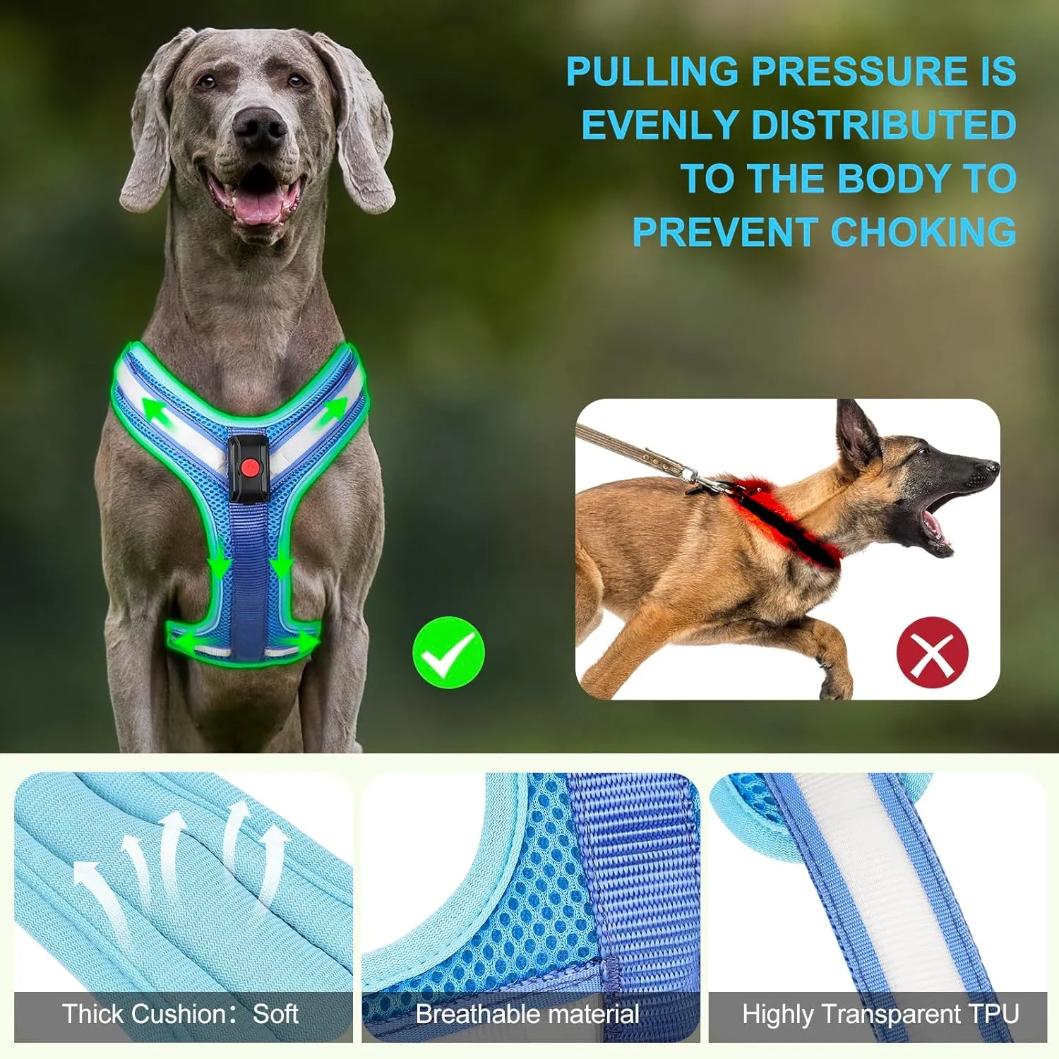 Light Up Dog Harness - LED Dog Harness Rechargeable, No Choke Illuminated Glow Dark Harness Vest Waterproof for Medium Large XL Dogs for Camping Night Safety Walking-Blue,M