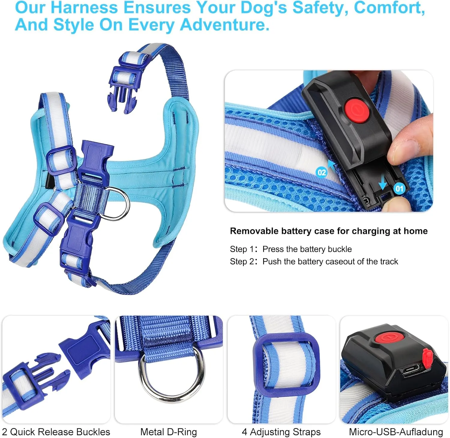 Light Up Dog Harness - LED Dog Harness Rechargeable, No Choke Illuminated Glow Dark Harness Vest Waterproof for Medium Large XL Dogs for Camping Night Safety Walking-Blue,M
