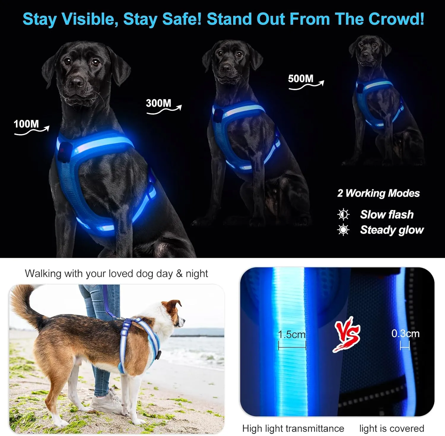 Light Up Dog Harness - LED Dog Harness Rechargeable, No Choke Illuminated Glow Dark Harness Vest Waterproof for Medium Large XL Dogs for Camping Night Safety Walking-Blue,M