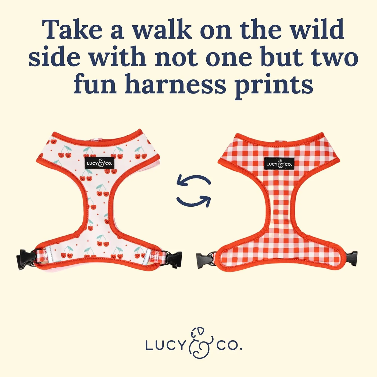 Lucy & Co. Cheery Cherries, Cute Reversible Dog Harness Walking Halter - Best Designer Pet Harnesses for XS - XL Dogs - Padded Adjustable Vest for Easy Walking (Small)