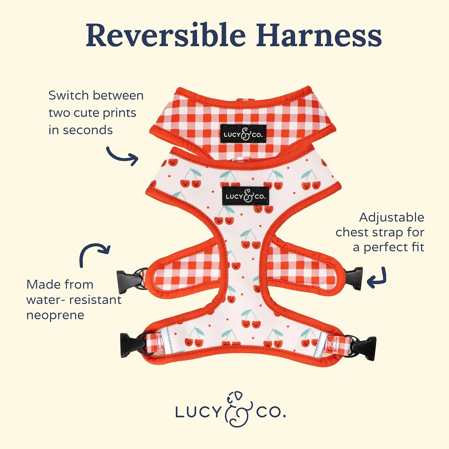 Lucy & Co. Cheery Cherries, Cute Reversible Dog Harness Walking Halter - Best Designer Pet Harnesses for XS - XL Dogs - Padded Adjustable Vest for Easy Walking (Small)
