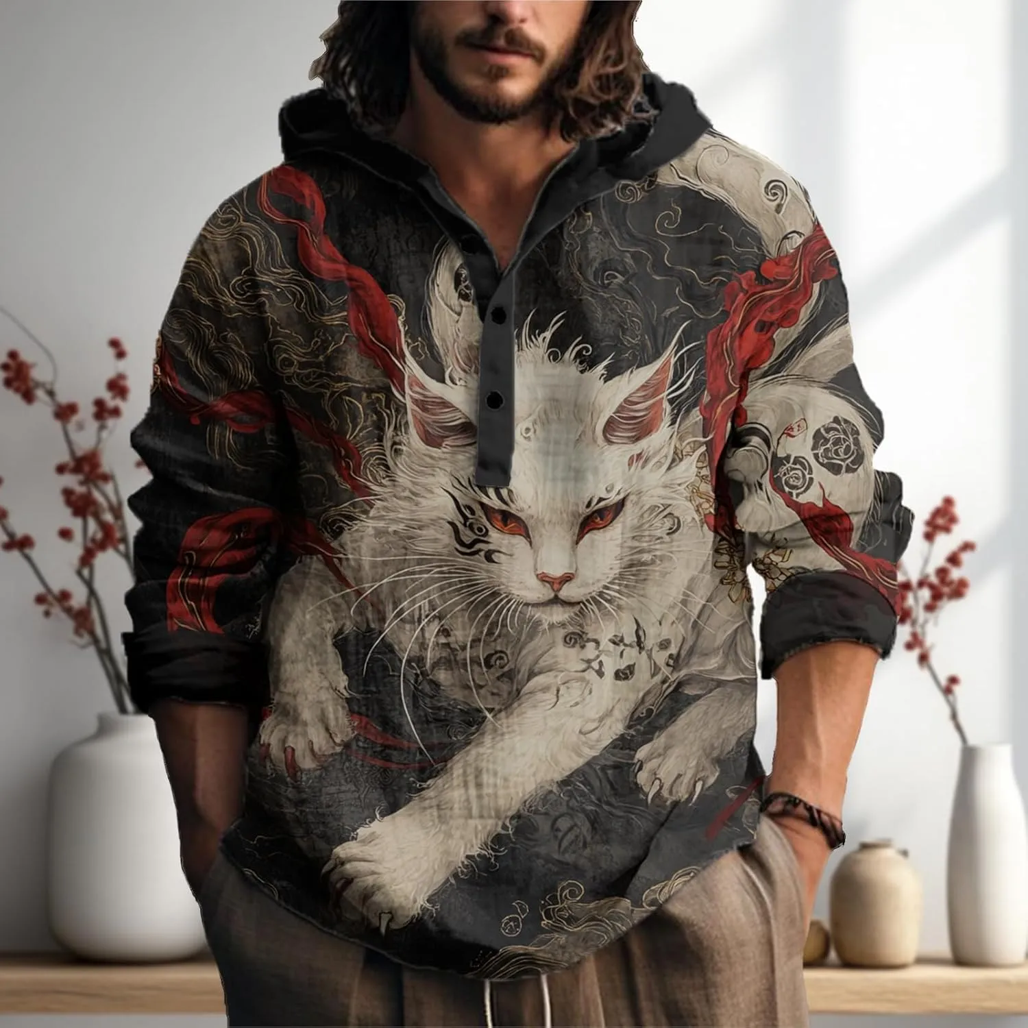 MARSVOVO Japanese Art Animal Hooded Shirt for Men Long Sleeve Quarter Button Lightweight Hoodie Cool Streetwear Tops