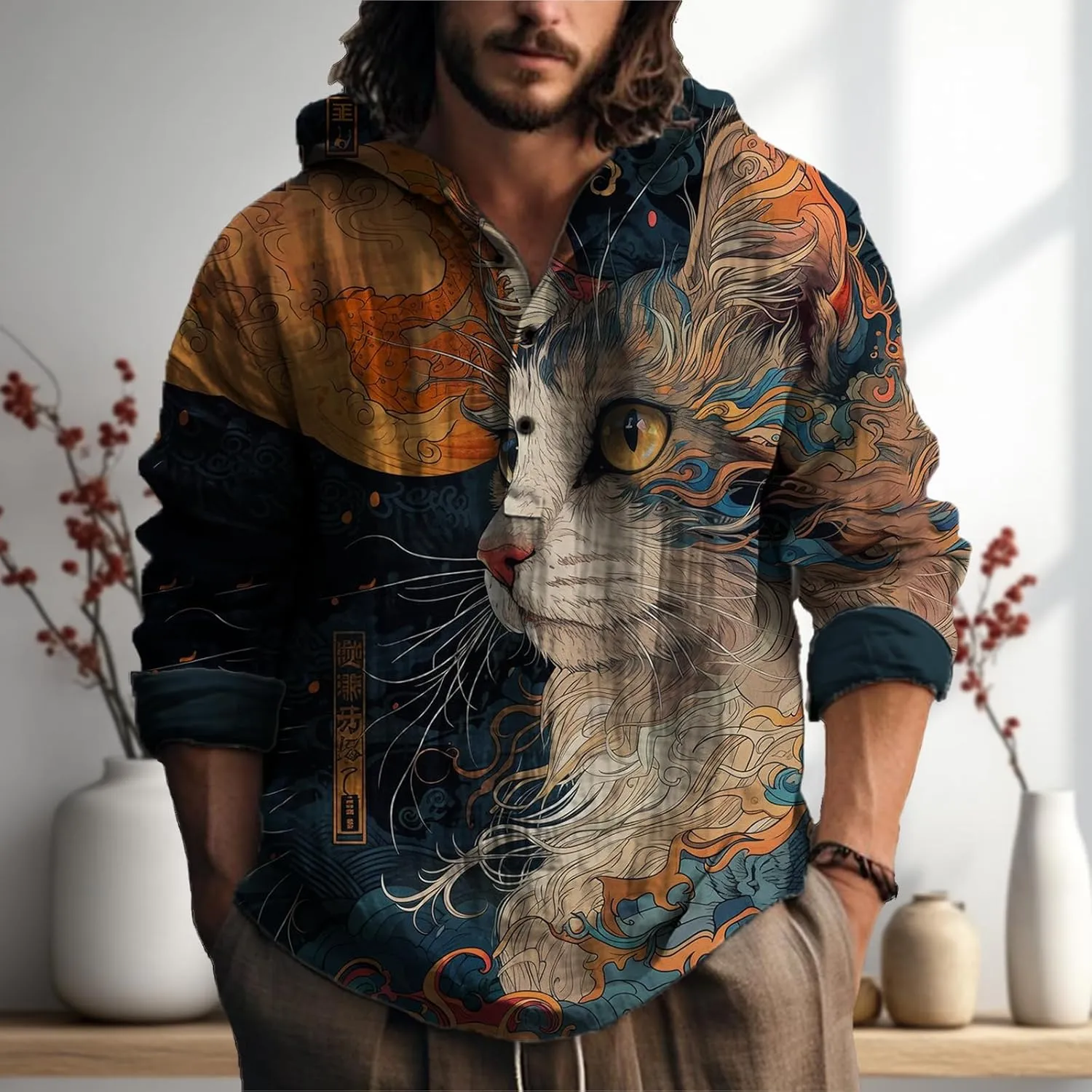 MARSVOVO Japanese Art Animal Hooded Shirt for Men Long Sleeve Quarter Button Lightweight Hoodie Cool Streetwear Tops
