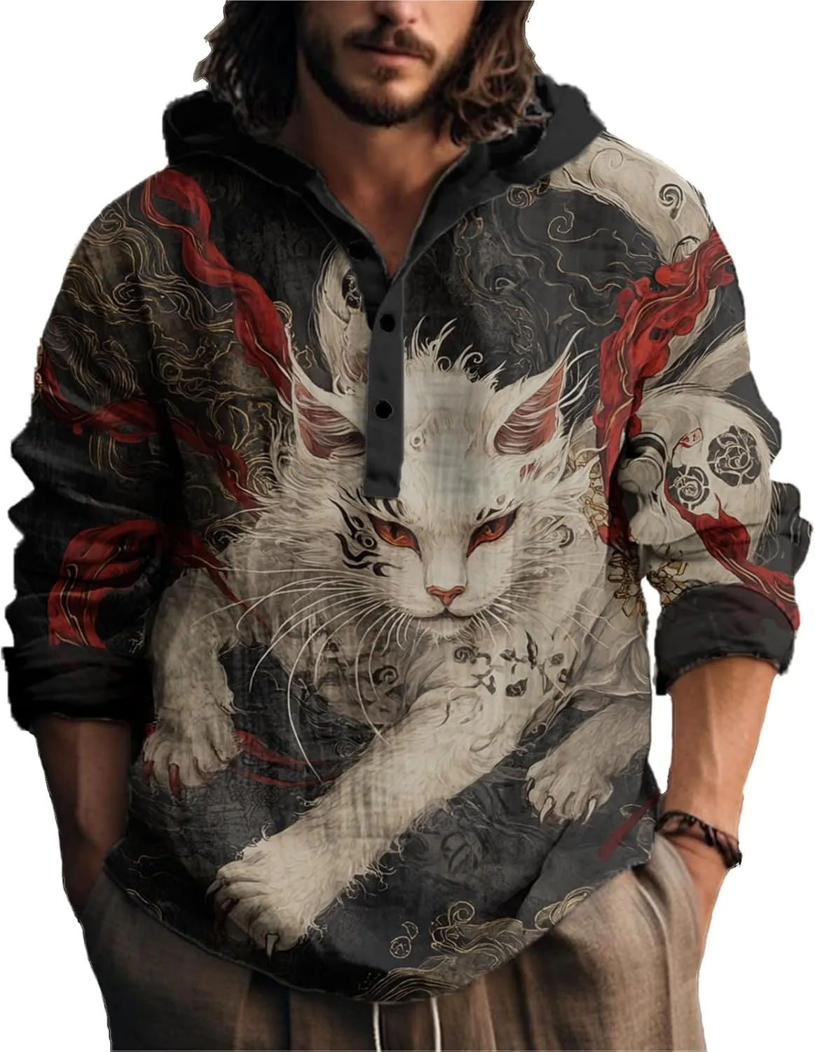 MARSVOVO Japanese Art Animal Hooded Shirt for Men Long Sleeve Quarter Button Lightweight Hoodie Cool Streetwear Tops