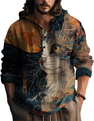 MARSVOVO Japanese Art Animal Hooded Shirt for Men Long Sleeve Quarter Button Lightweight Hoodie Cool Streetwear Tops