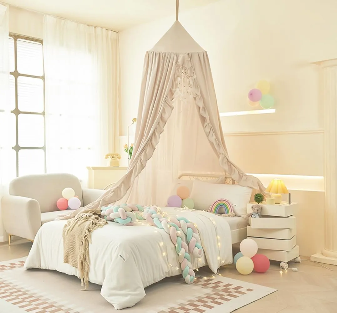 Mengersi Bed Canopy for Girls,Ruffled Canopy Bed Curtains Canopy for Girls Room,Hanging Canopy Princess Play Tent for Reading Nook Play Room Decor (Ivory)