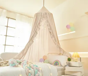 Mengersi Bed Canopy for Girls,Ruffled Canopy Bed Curtains Canopy for Girls Room,Hanging Canopy Princess Play Tent for Reading Nook Play Room Decor (Ivory)