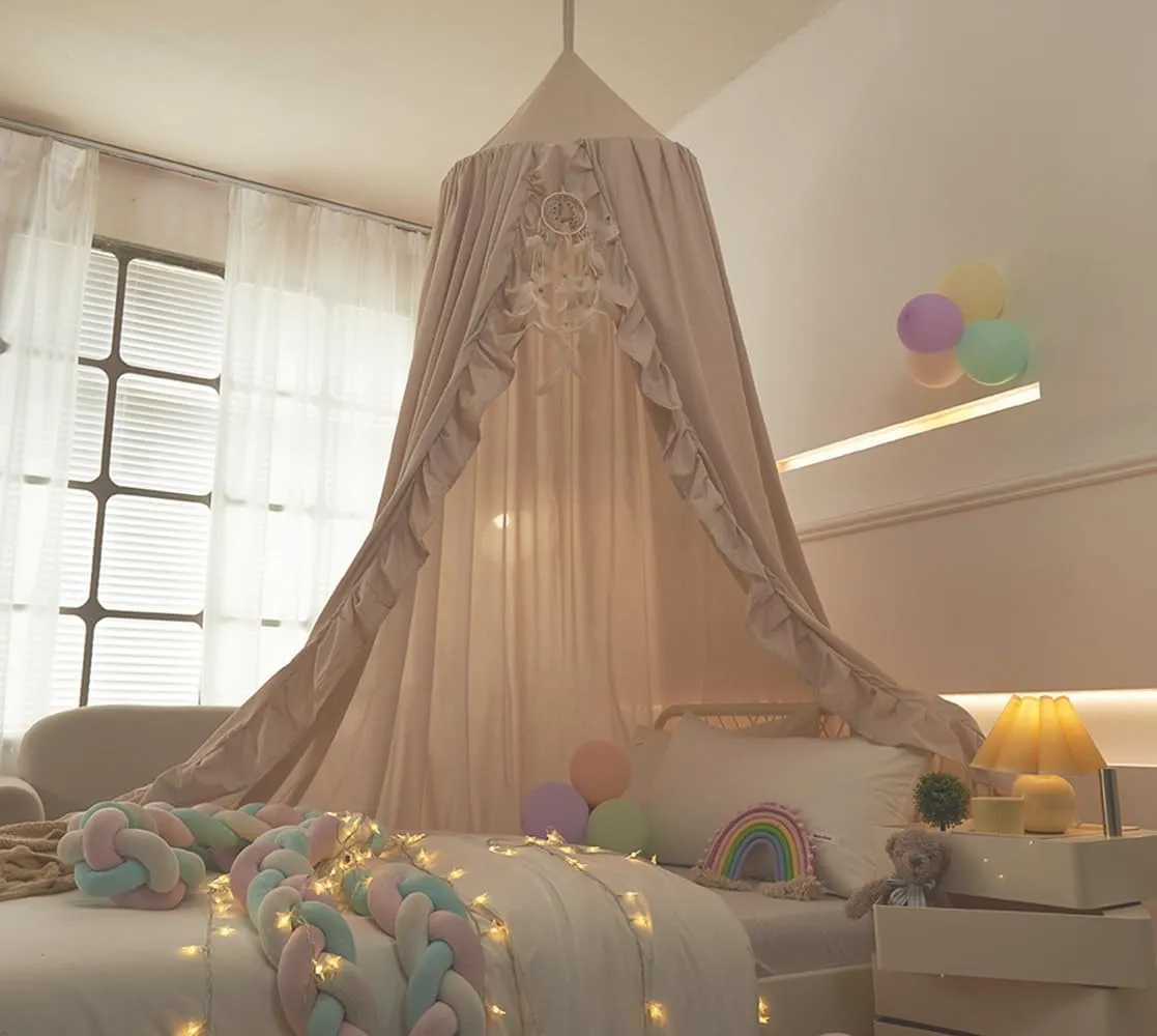 Mengersi Bed Canopy for Girls,Ruffled Canopy Bed Curtains Canopy for Girls Room,Hanging Canopy Princess Play Tent for Reading Nook Play Room Decor (Ivory)