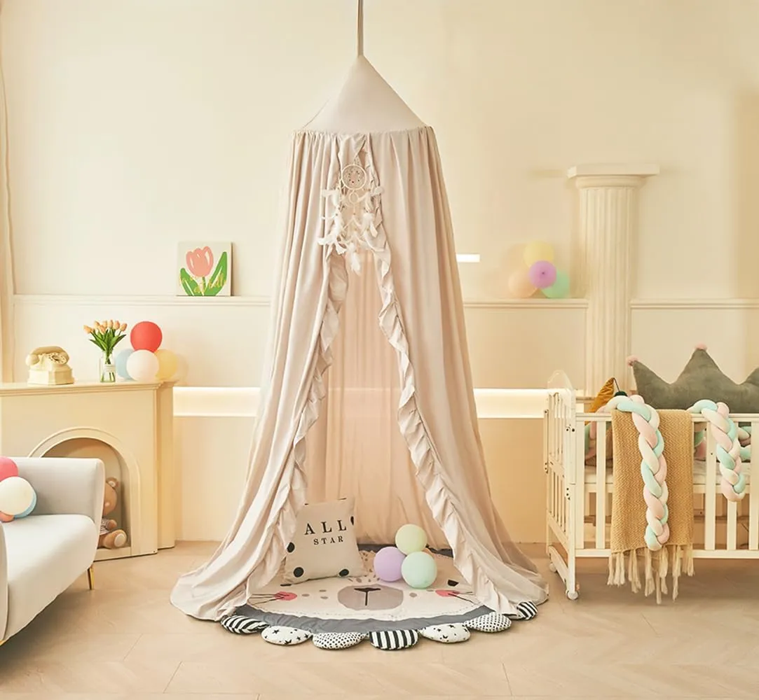 Mengersi Bed Canopy for Girls,Ruffled Canopy Bed Curtains Canopy for Girls Room,Hanging Canopy Princess Play Tent for Reading Nook Play Room Decor (Ivory)
