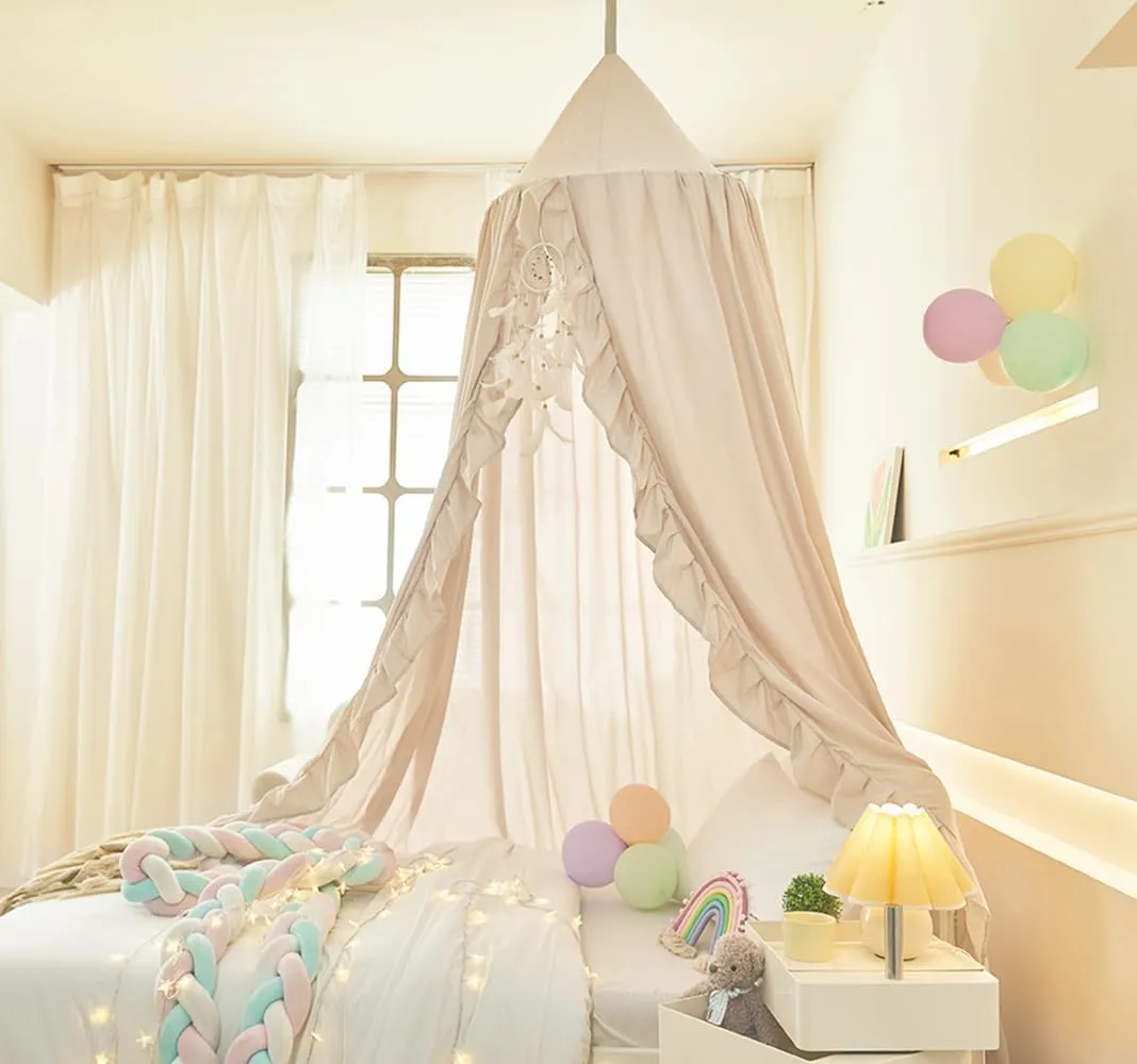 Mengersi Bed Canopy for Girls,Ruffled Canopy Bed Curtains Canopy for Girls Room,Hanging Canopy Princess Play Tent for Reading Nook Play Room Decor (Ivory)
