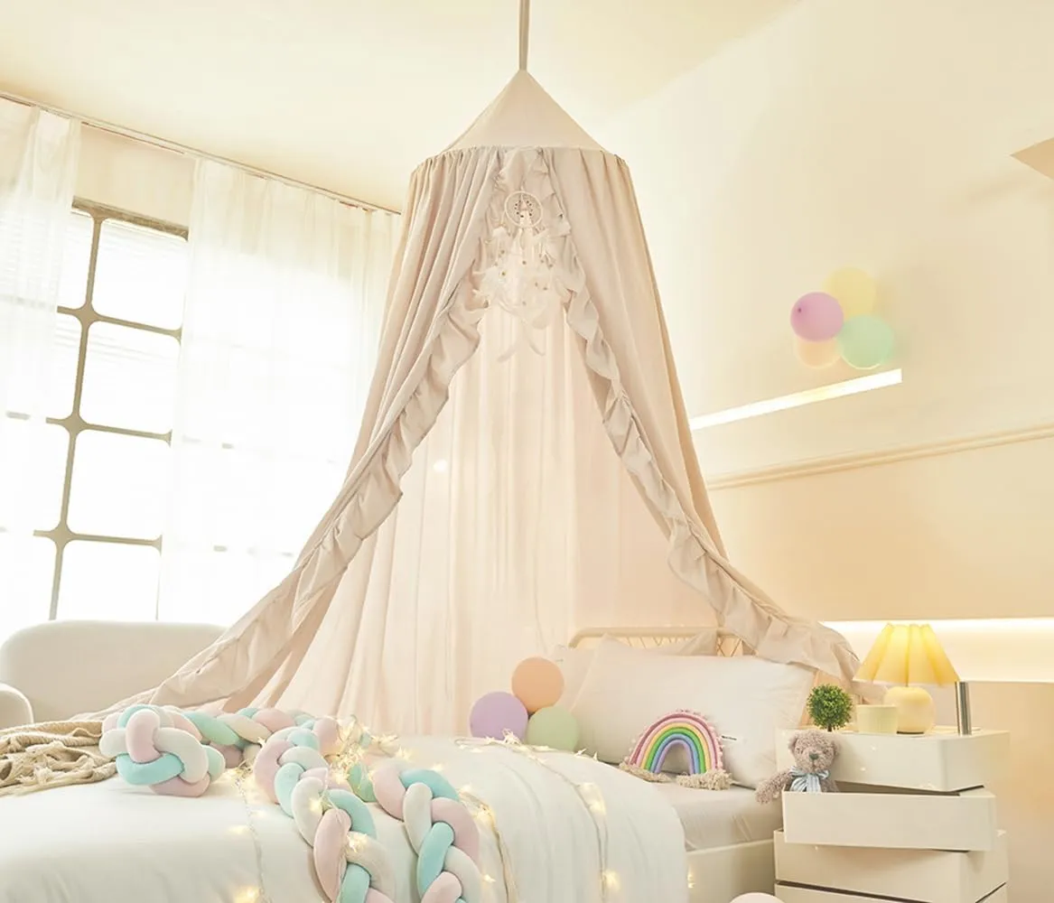 Mengersi Bed Canopy for Girls,Ruffled Canopy Bed Curtains Canopy for Girls Room,Hanging Canopy Princess Play Tent for Reading Nook Play Room Decor (Ivory)