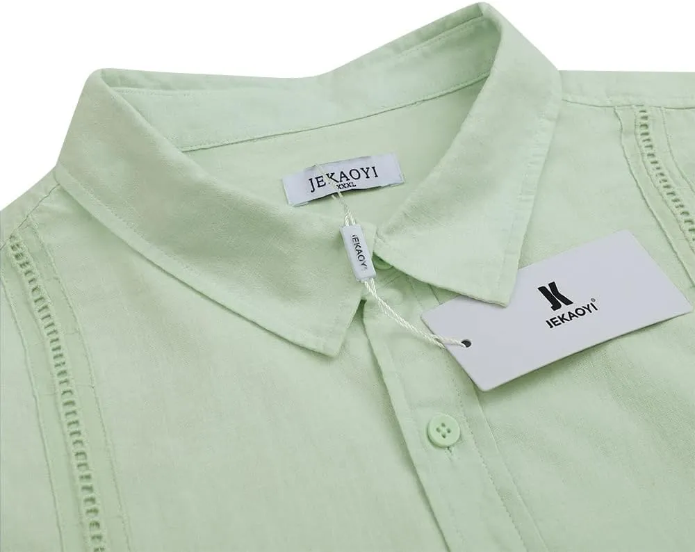 Mens Casual Linen Cotton Button Down Short Sleeve Shirts Cuban Camp Guayabera Beach Tops
