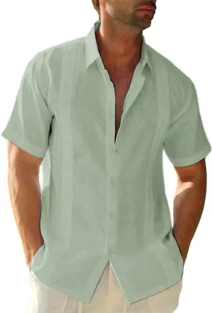 Mens Casual Linen Cotton Button Down Short Sleeve Shirts Cuban Camp Guayabera Beach Tops