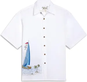 Men's Embroidered Sailing The Good Life Short Sleeve Tropical Button Down Camp Shirt