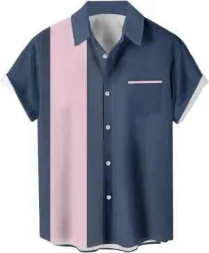 Men's Vintage Bowling Shirts 1950s Casual Short Sleeve Button Up Contrast Shirt Summer Color Block Cuban Shirts