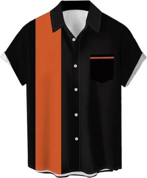 Men's Vintage Bowling Shirts 1950s Casual Short Sleeve Button Up Contrast Shirt Summer Color Block Cuban Shirts