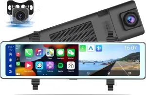 Mirror Dash Cam with Wireless Apple Carplay&Android Auto,11.26" Voice Control Rear View Mirror 1080P Front and Rear View Dual Cameras,FM Transmitter,Night Vision,Parking Assistance, WDR,Loop Recording