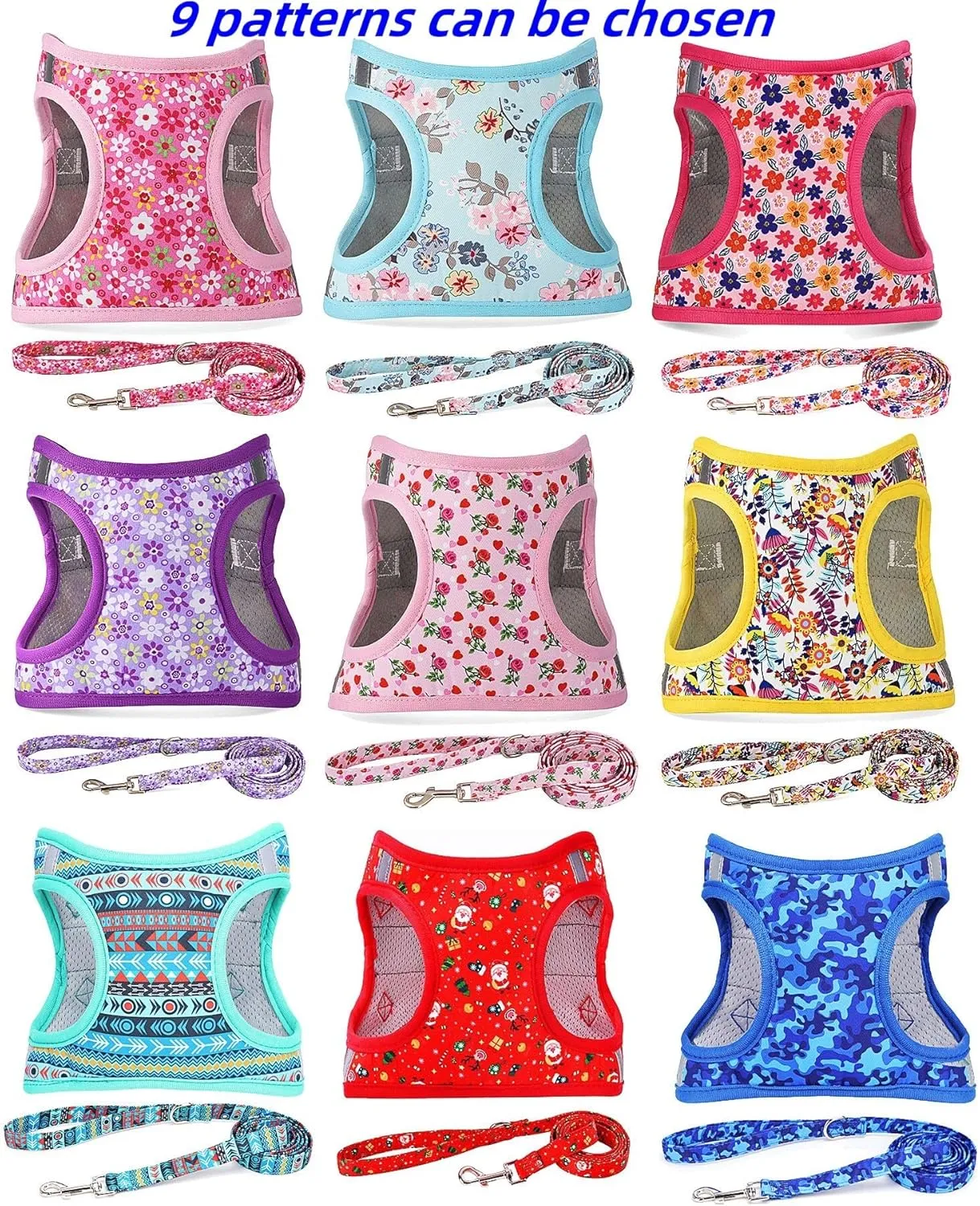 Moonpet Step in Dog Harness Leash Set- All Weather Reflective No-Pull Floral Pattern Padded Mesh Vest Harness for Cats Puppy Extra-Small Small Medium Large Dogs - Romantic Sakura - S