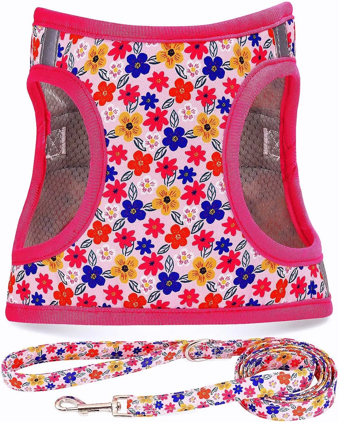 Moonpet Step in Dog Harness Leash Set- All Weather Reflective No-Pull Floral Pattern Padded Mesh Vest Harness for Cats Puppy Extra-Small Small Medium Large Dogs - Romantic Sakura - S