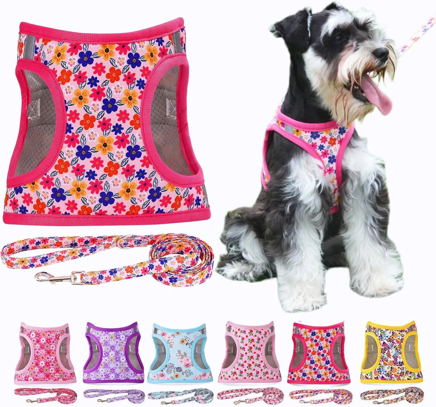 Moonpet Step in Dog Harness Leash Set- All Weather Reflective No-Pull Floral Pattern Padded Mesh Vest Harness for Cats Puppy Extra-Small Small Medium Large Dogs - Romantic Sakura - S