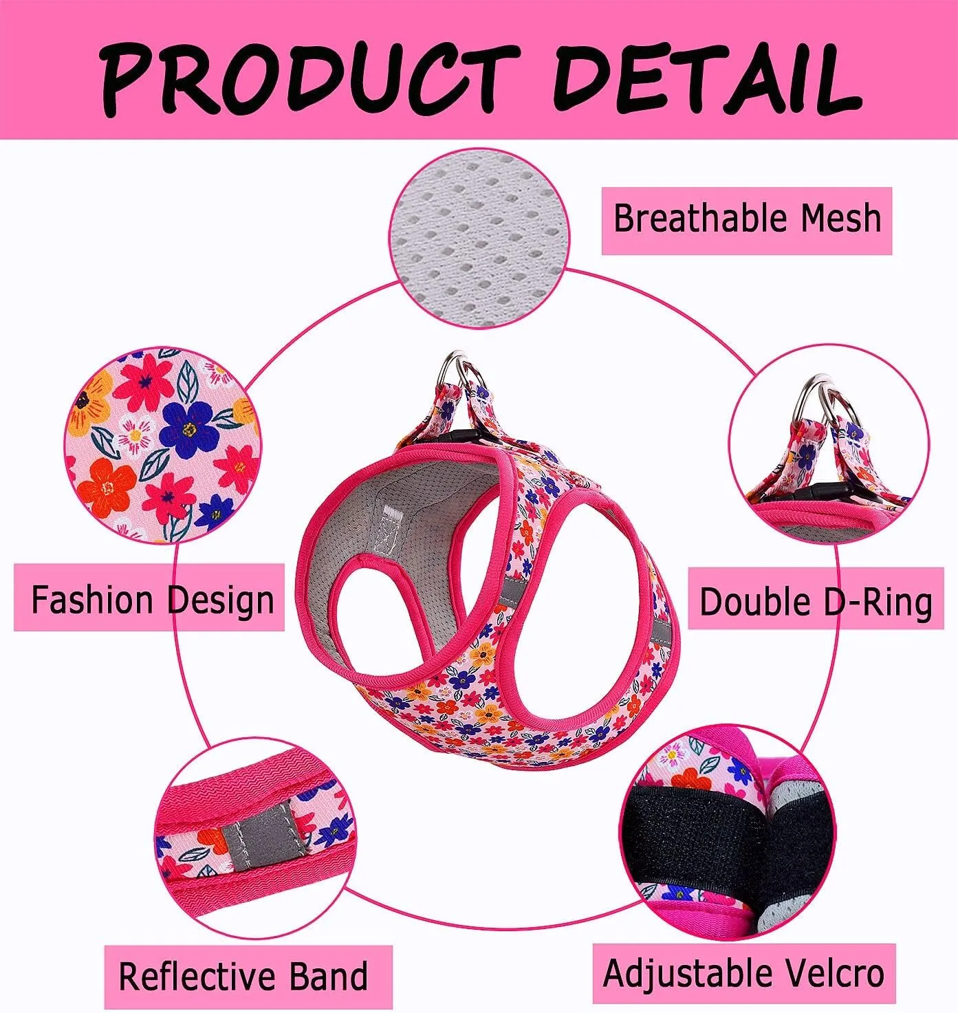 Moonpet Step in Dog Harness Leash Set- All Weather Reflective No-Pull Floral Pattern Padded Mesh Vest Harness for Cats Puppy Extra-Small Small Medium Large Dogs - Romantic Sakura - S