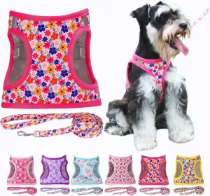 Moonpet Step in Dog Harness Leash Set- All Weather Reflective No-Pull Floral Pattern Padded Mesh Vest Harness for Cats Puppy Extra-Small Small Medium Large Dogs - Romantic Sakura - S