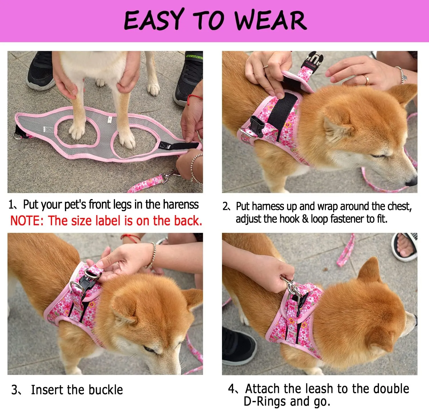 Moonpet Step in Dog Harness Leash Set- All Weather Reflective No-Pull Floral Pattern Padded Mesh Vest Harness for Cats Puppy Extra-Small Small Medium Large Dogs - Romantic Sakura - S