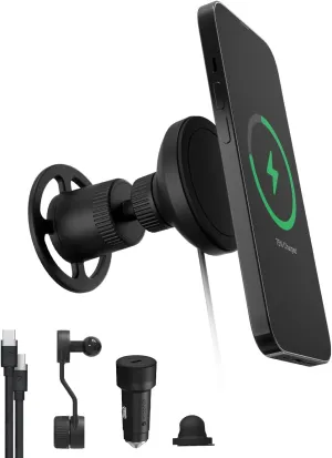 mophie Qi2 snap  Magnetic Wireless Charging Vent Mount - Fast 15W Qi-Enabled Charger for iPhone 16/15/14/13/12, Universal Car Compatibility, 30W Car Charger Adapter Included, USB-C, Black