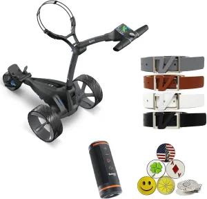 Motocaddy New M5 GPS Electric Caddy Cart Bundle with Holders for Umbrella/Scorecard/Drink, Device Cradle, Bushnell Wingman, Volvik Leather Belts, 5 Ball Markers & 1 Magnetic Hat Clip