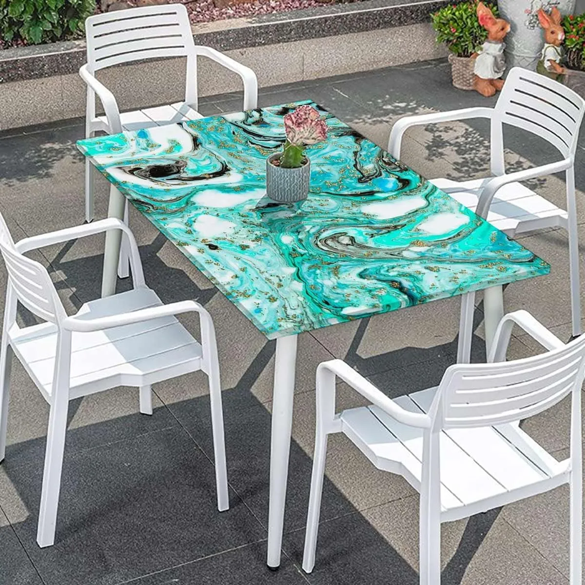 Multicolor Tablecloth Elastic Edge Fitted Soft Toned Green Marble Picnic Fitted Tablecloth Rectangle Table Cover Lines and Shapes Fits up 5 Foot Tables
