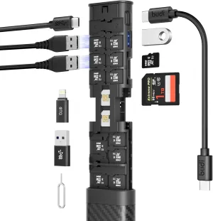 Multifunctional 10 in 1 USB C Hub 3.0 and Ultra-Slim SD Card Reader for iPhone Android and Computer with Micro SD Memory Card Case USB C Cable Memory Stick Plug and Play (HUB)