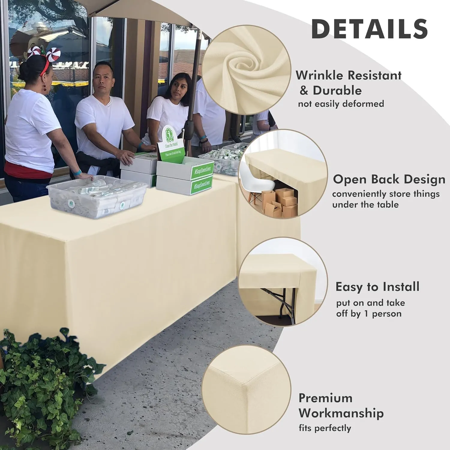 Nasitos 2 Pack Beige Tablecloths Fitted for 8 Foot Tables-Open Back Folding Table Cover Washable and Wrinkle Resistant Table Cloth Rectangle, Trade Show, Parties, Wedding, Banquet, Buffet, Craft Fair