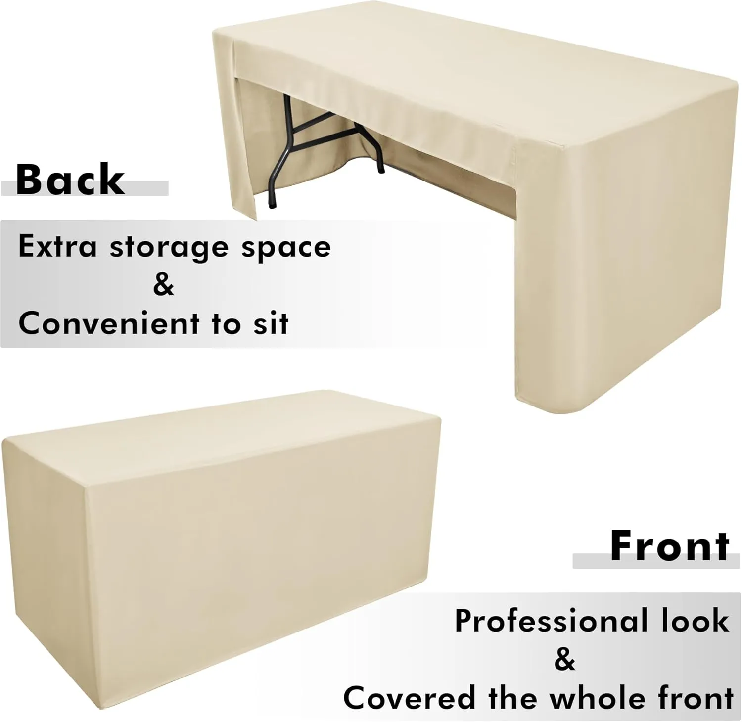 Nasitos 2 Pack Beige Tablecloths Fitted for 8 Foot Tables-Open Back Folding Table Cover Washable and Wrinkle Resistant Table Cloth Rectangle, Trade Show, Parties, Wedding, Banquet, Buffet, Craft Fair