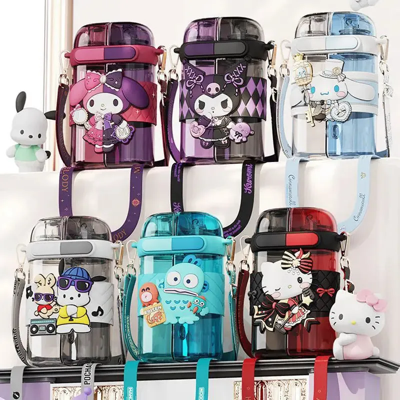 New Sanrio LARGE WATER BOTTLES. Double Drink With Straw Portable Square Large Capacity Water Bottle