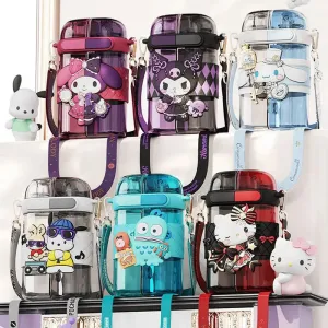New Sanrio LARGE WATER BOTTLES. Double Drink With Straw Portable Square Large Capacity Water Bottle