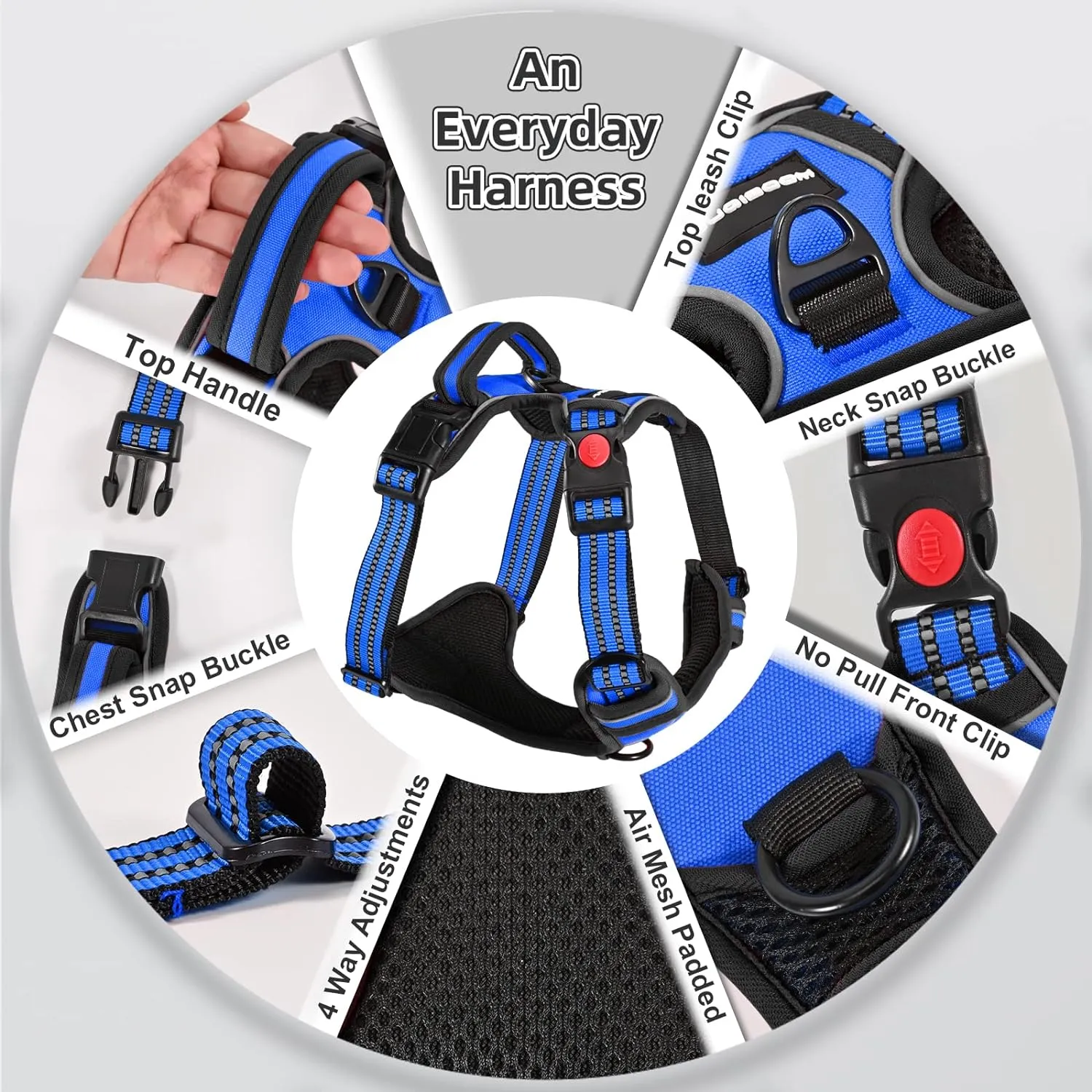 No Pull Dog Harness with A Free Heavy Duty 5ft Dog Leash, Adjustable Soft Padded Dog Vest, Reflective No-Choke Pet Oxford Vest with Easy Control Handle for Small and Large Dogs (Blue, X-Large)