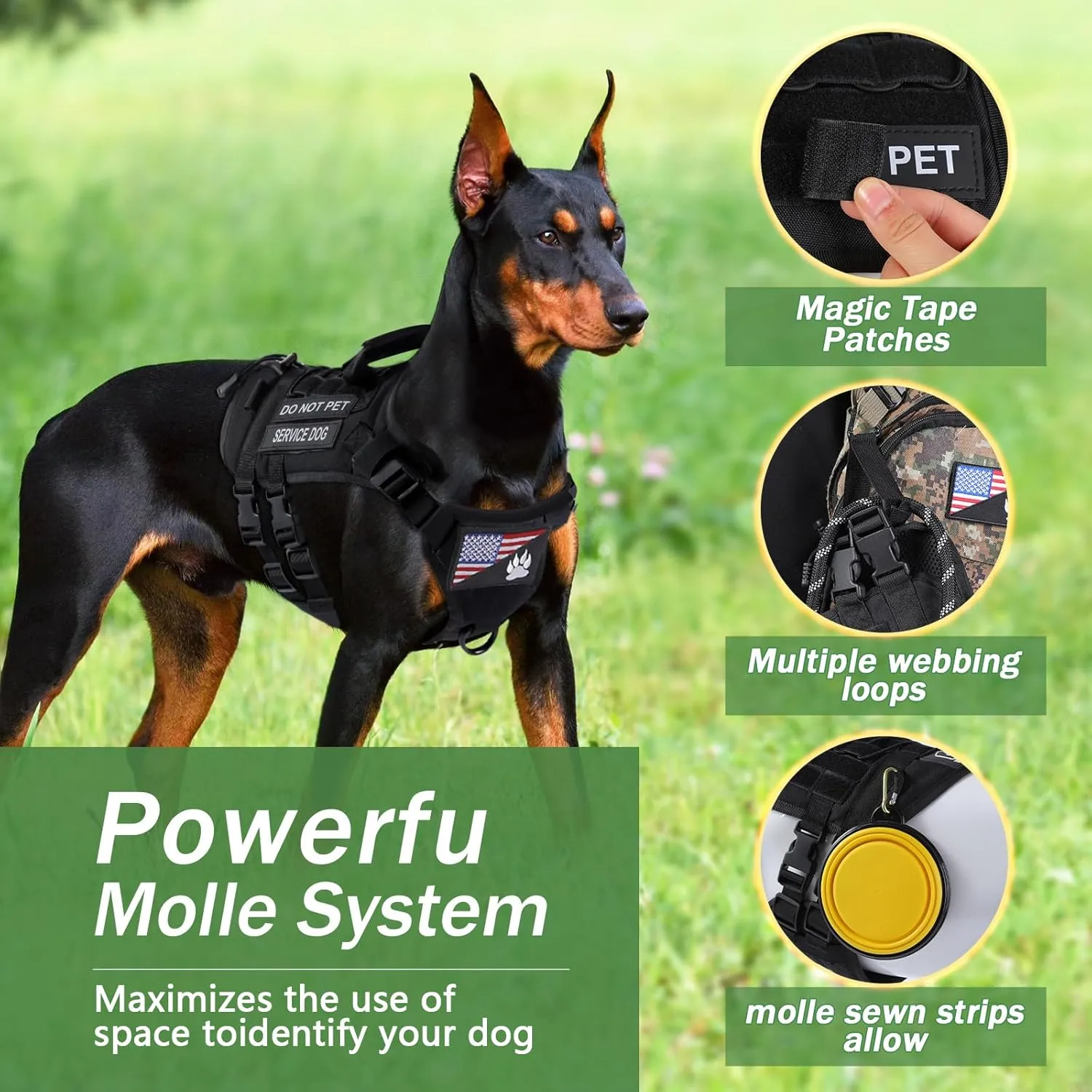No Pull Tactical Dog Harness for Large Dogs, Escape Proof Molle Dog Vest Harness and Leash Set, Adjustable Military Service Dog Harness with Handle for Medium Large Dogs(Black, L)