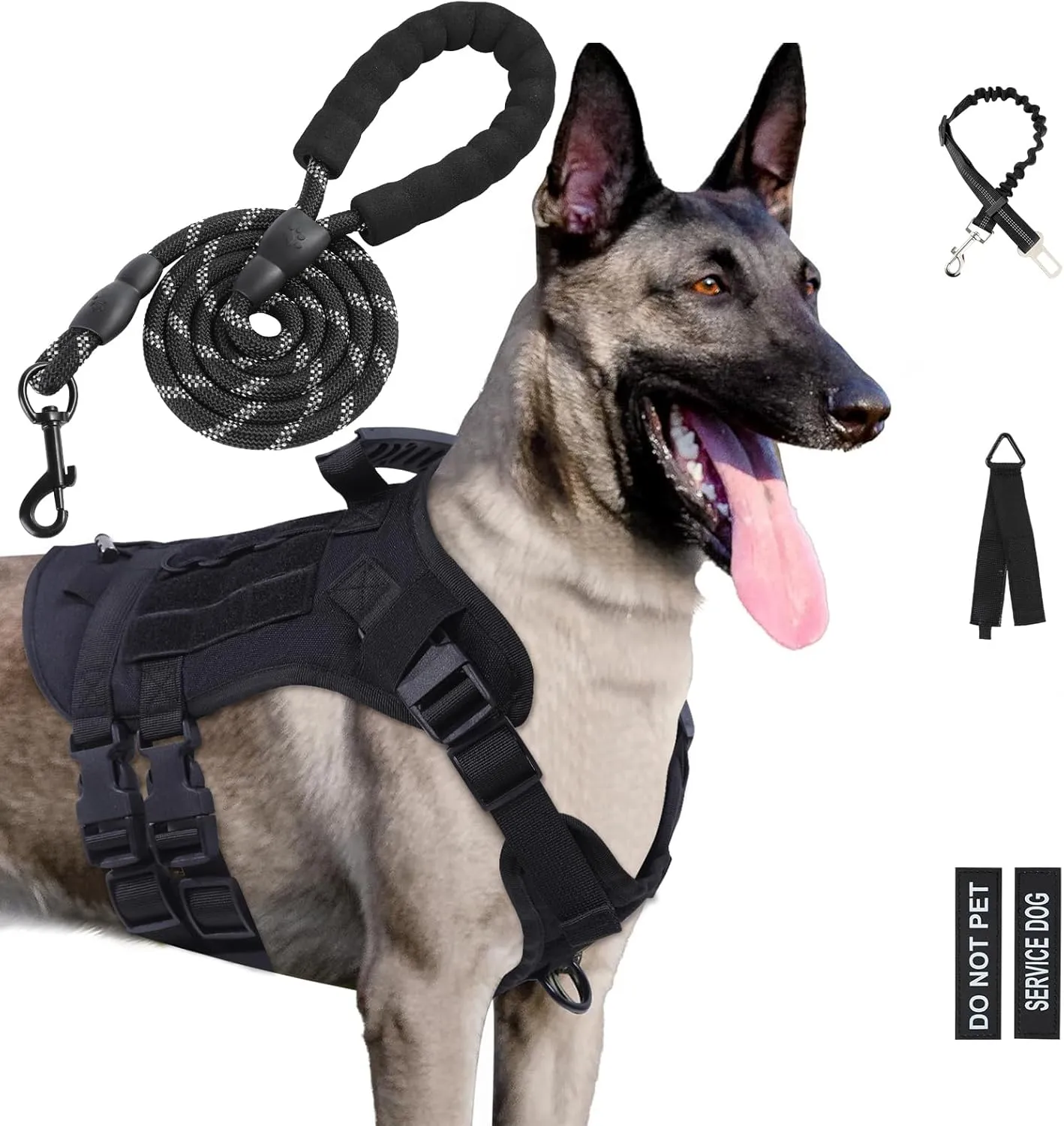 No Pull Tactical Dog Harness for Large Dogs, Escape Proof Molle Dog Vest Harness and Leash Set, Adjustable Military Service Dog Harness with Handle for Medium Large Dogs(Black, L)