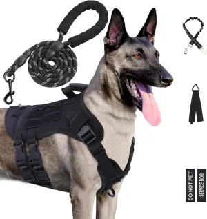 No Pull Tactical Dog Harness for Large Dogs, Escape Proof Molle Dog Vest Harness and Leash Set, Adjustable Military Service Dog Harness with Handle for Medium Large Dogs(Black, L)