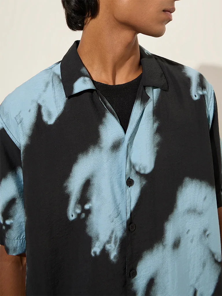 Nuon Blue Abstract Design Relaxed-Fit Cotton-Blend Shirt