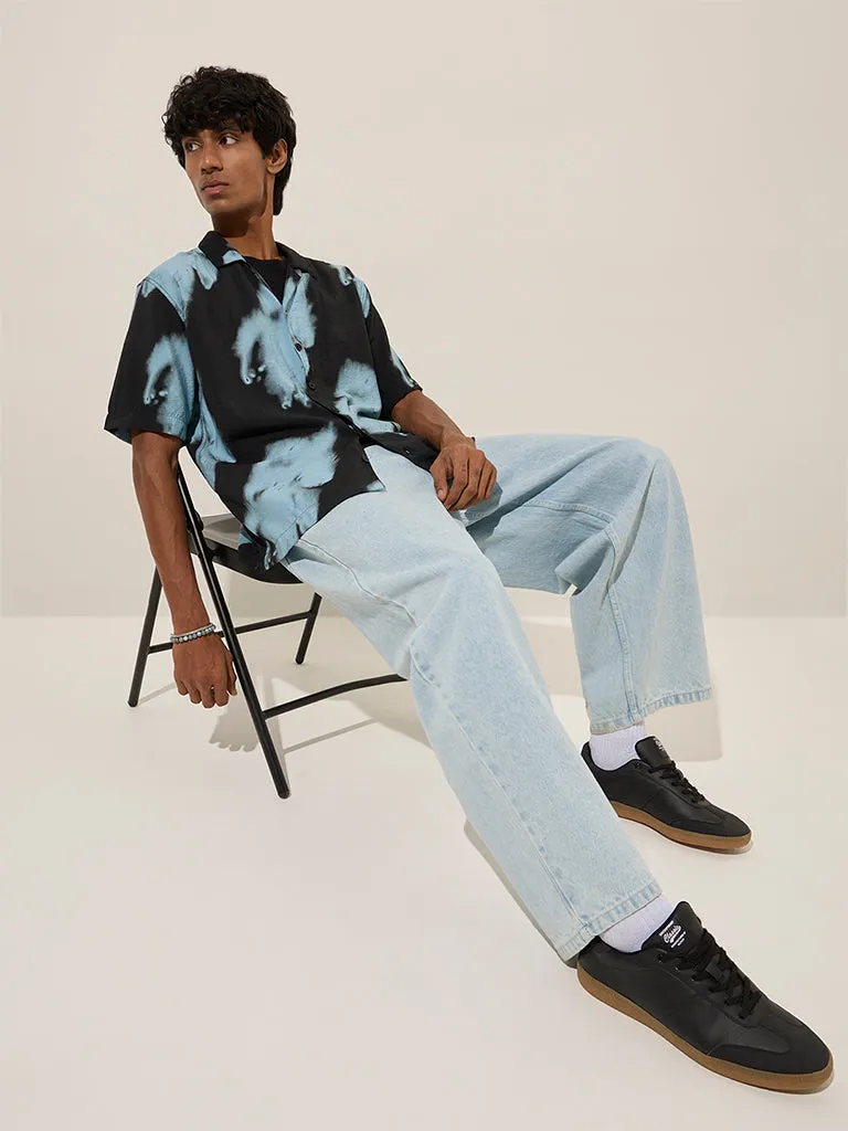 Nuon Blue Abstract Design Relaxed-Fit Cotton-Blend Shirt