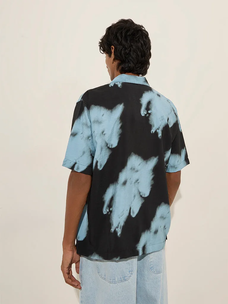 Nuon Blue Abstract Design Relaxed-Fit Cotton-Blend Shirt